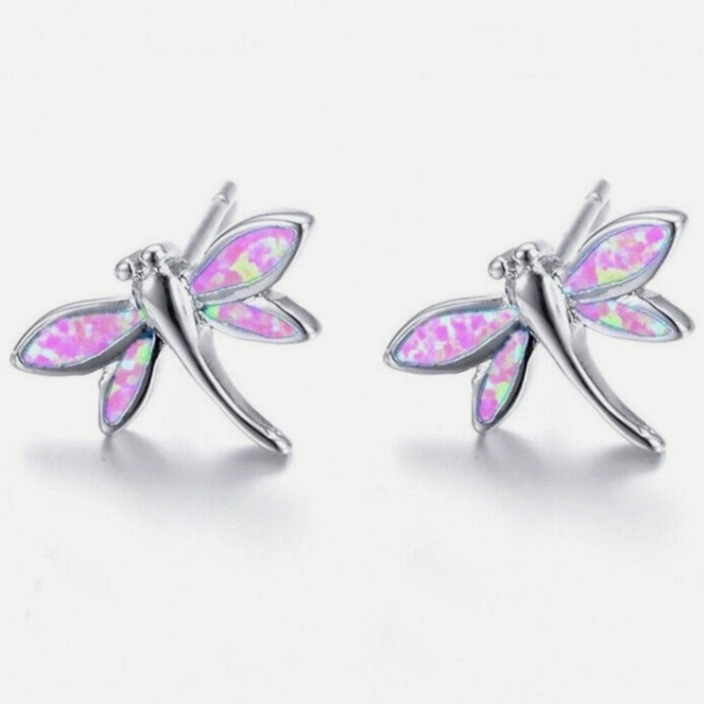 Women's Dragonfly Silver Pink Simulated Opal Stud Earrings Party Jewelry